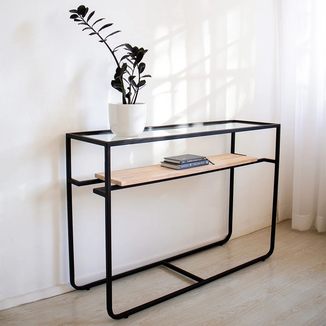 Nora Curved Steel and Wood Console Table 